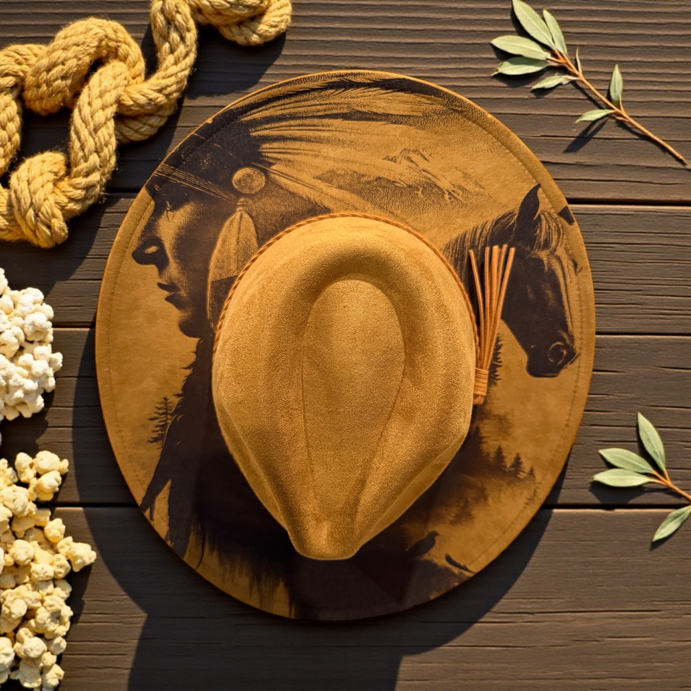 Laser Engraved Western Fedora Hat – Native Spirit & Horse Design